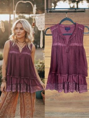 Artesia Boho Tiered Lace Ruffle Pleated Boho Tunic Tank Top In Dusty Rose Small